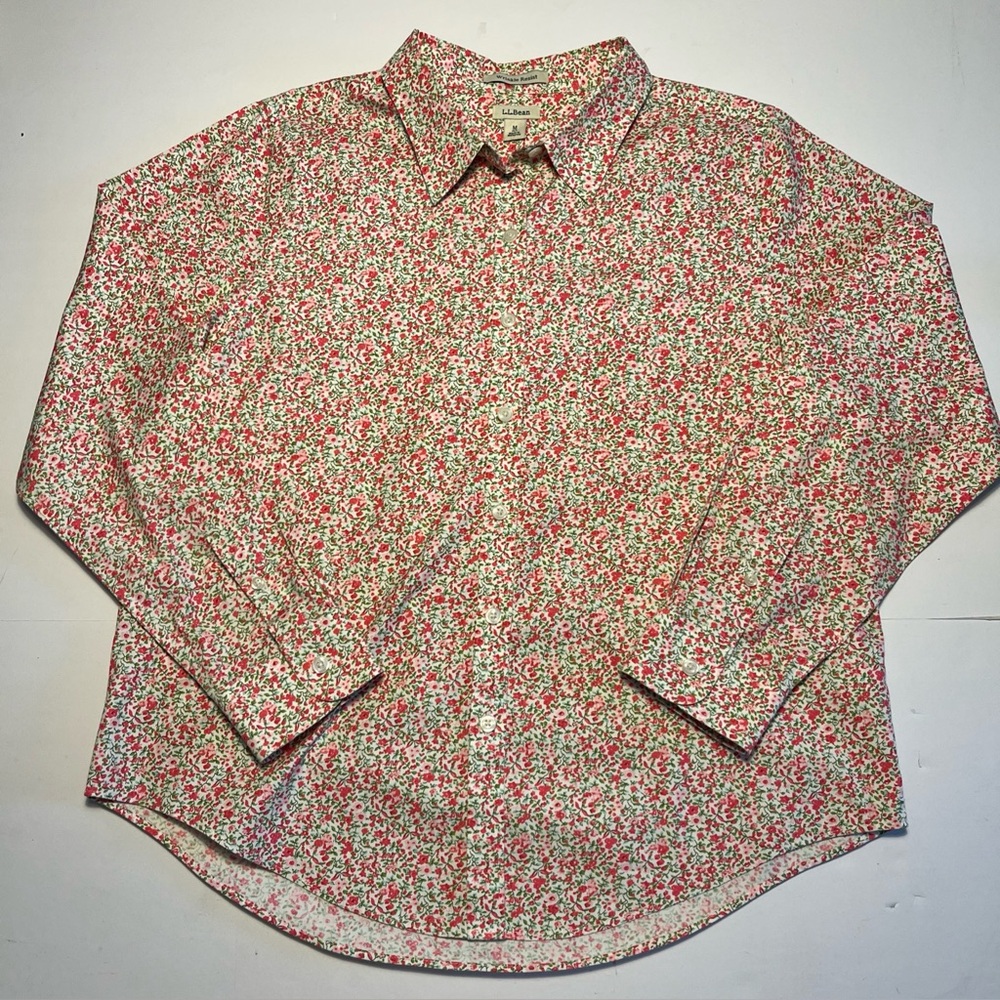 Vintage LL Bean Dainty Pink Floral Button Front Cotton Shirt, Womens MED Petite